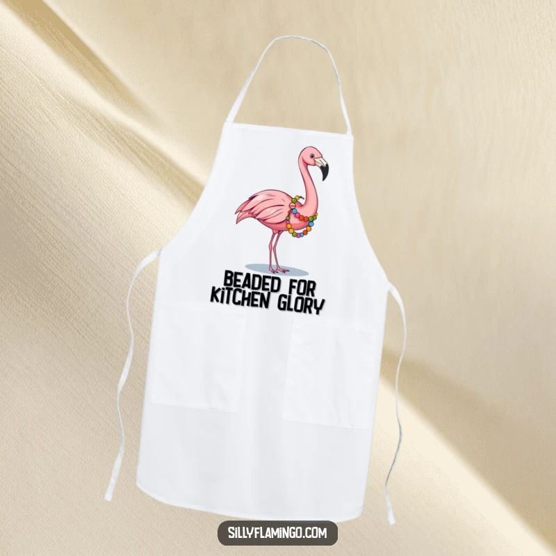 Funny apron for cooks, featuring a flamingo wearing a colorful bead garland, making meal prep a festive occasion.