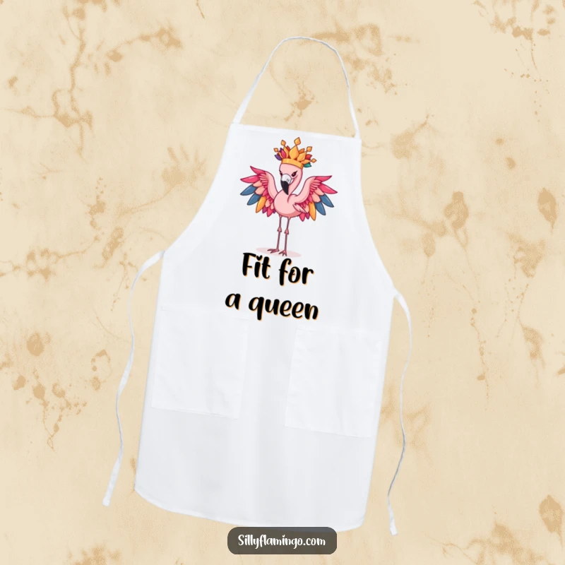 Funny Flamingo Apron: Determined bird hilariously balances a colorful feather crown while cooking, bringing humor to the kitchen.