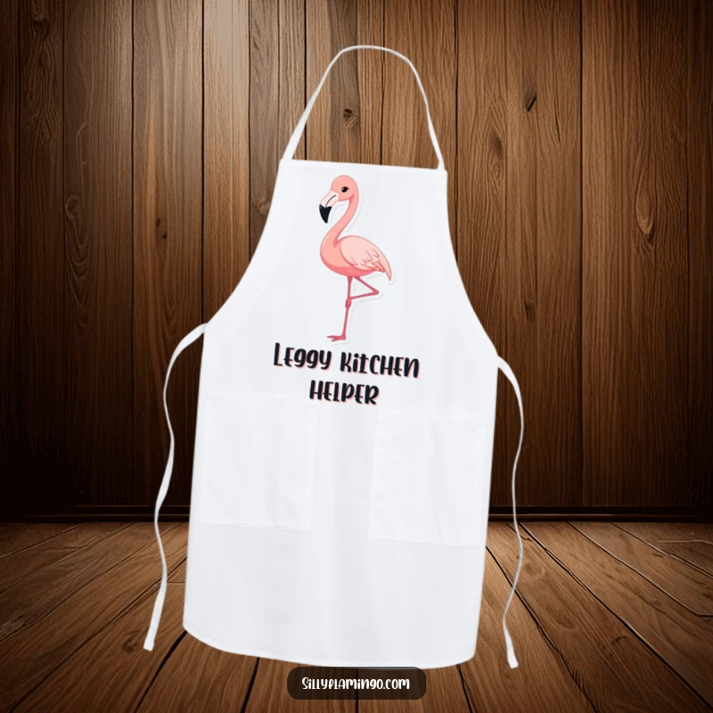Funny apron depicting a cute flamingo gracefully extending its leg, adding humor and charm to kitchen activities, a great gift.