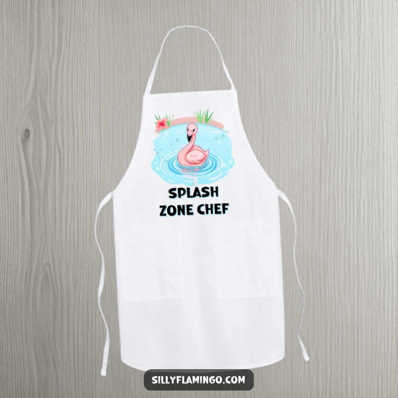 Funny flamingo apron showing a pink bird joyfully splashing in a sparkling blue pond, ready for kitchen adventures.