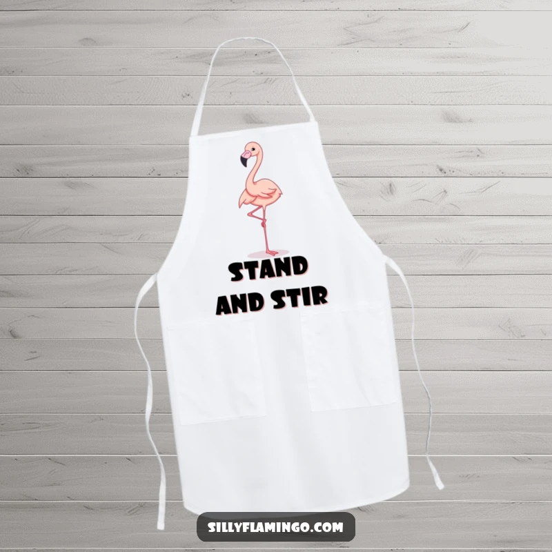 Funny Apron featuring a flamingo elegantly balancing on one leg with a consistently cheerful expression while cooking.