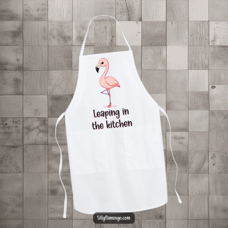 Funny Flamingo Apron: Flamingo in tiny ballet slippers strikes a graceful pose while cooking, adding comedic elegance.
