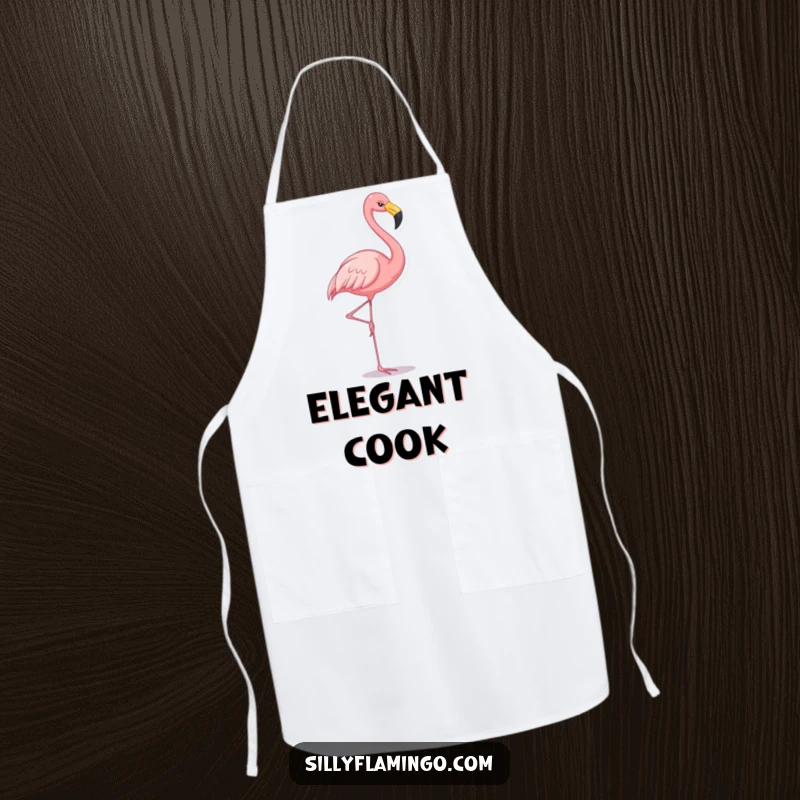 Funny flamingo apron showing a cheerful flamingo balancing on one leg, perfect for kitchen duties with style.