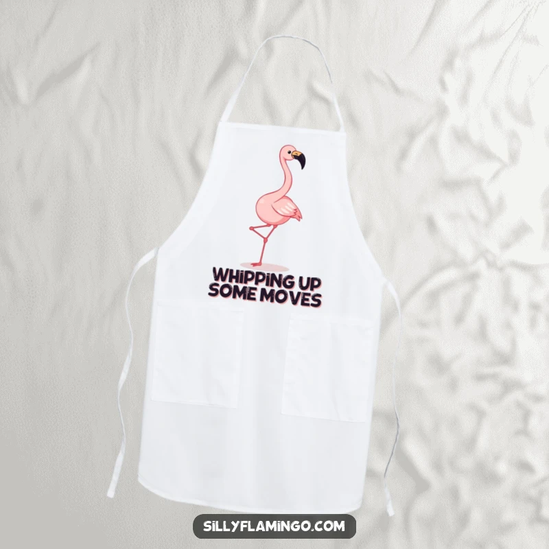 Funny flamingo apron showing a joyful squawking flamingo kicking its legs in a hilarious dance while cooking.