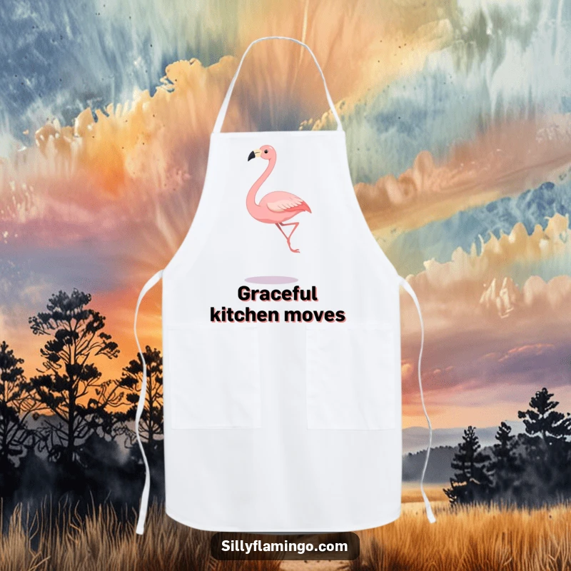 Funny apron depicting a flamingo with long legs mid-leap, ready for culinary adventures, bringing humor to the kitchen.