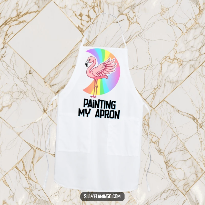 Funny flamingo rainbow apron depicting a pink bird creating a vibrant rainbow with its wing, designed for kitchen use with artistic and humorous flair.