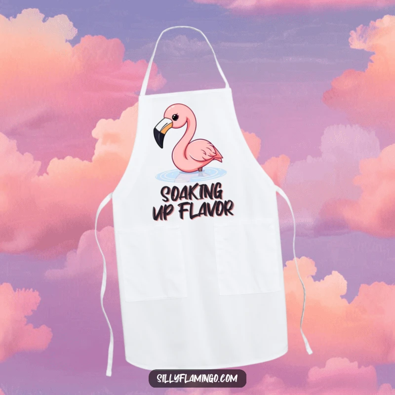 Funny flamingo apron featuring a happy flamingo with a wide beak dipping its head into water while cooking.