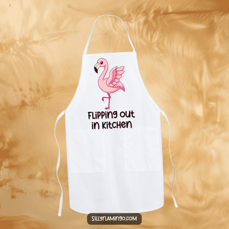 Funny Kawaii Flamingo Apron showing a pleased bird elegantly flapping its wings, ideal for humorous kitchen activities.