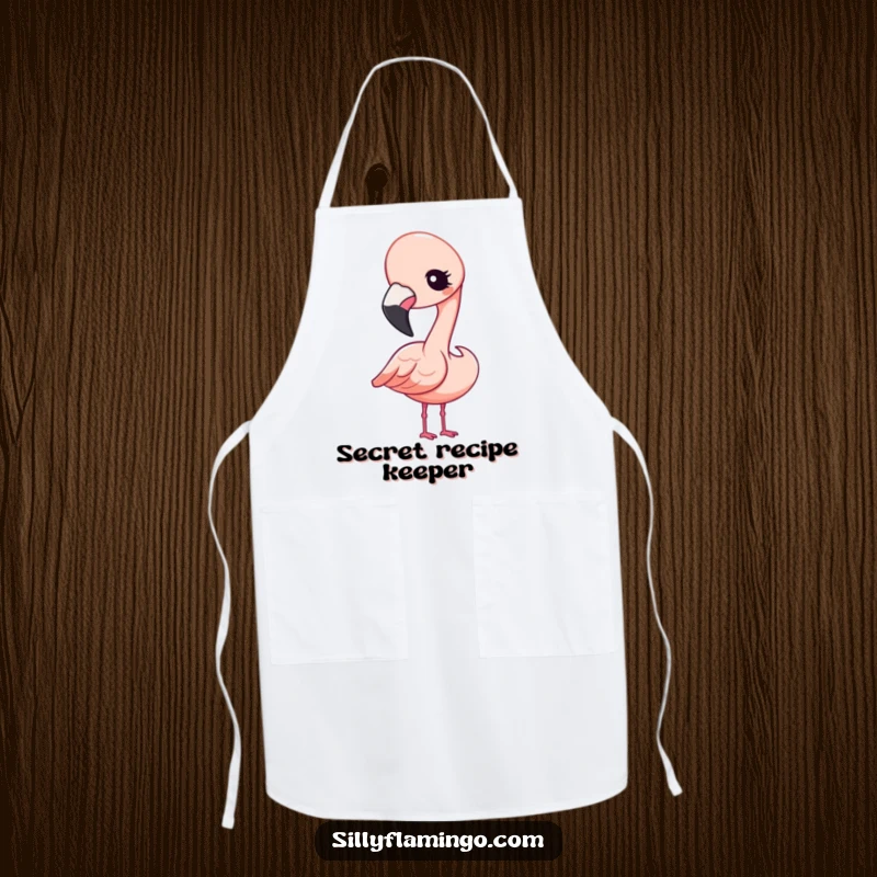 Funny Apron featuring a delightful Kawaii flamingo tilting its head and giving a playful, curious wink while cooking.