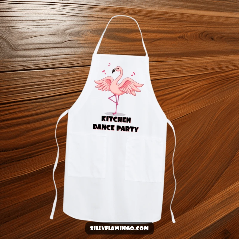 Funny flamingo apron showing a pink bird dancing with flowing feathers, a humorous and practical kitchen accessory.