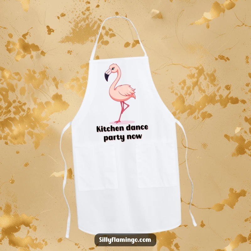 Funny Flamingo Apron: A flamingo wears an apron, performing a silly dance with its beak prominent.
