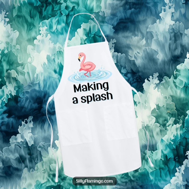 Funny flamingo apron showing a bird splashing in a pool, a humorous and practical kitchen accessory for cooking and baking.