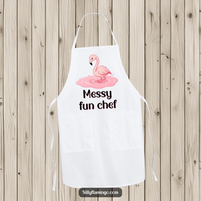 Funny flamingo apron featuring a playful bird splashing happily in a pink puddle, great for cooking and baking.