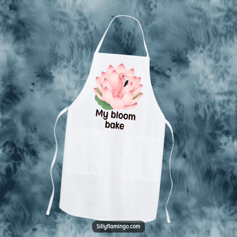 Funny apron with a playful flamingo peeking from behind a large lotus flower, perfect for kitchen activities.