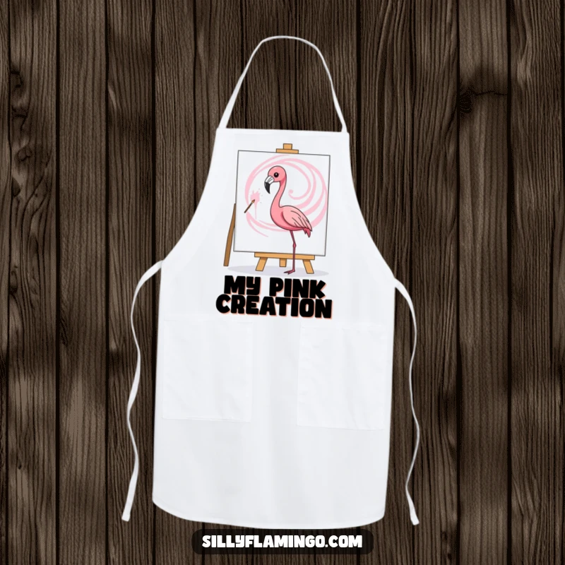 Funny apron depicting a flamingo artistically painting a pink swirl on a canvas, perfect for art projects.