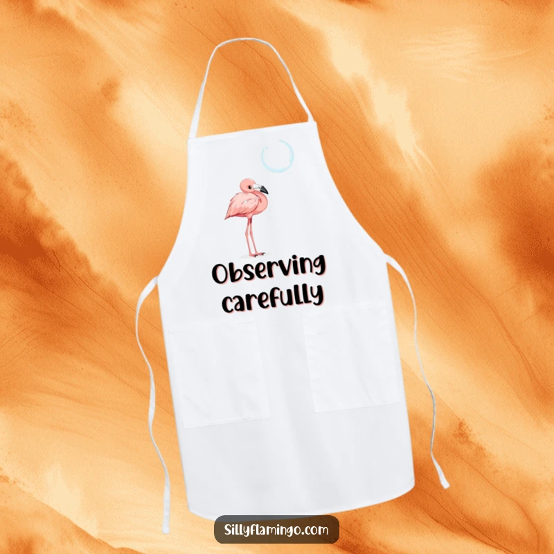 Funny apron for a chef, showing a curious flamingo with a tilted head, watching a shimmering bubble, perfect for a whimsical kitchen.