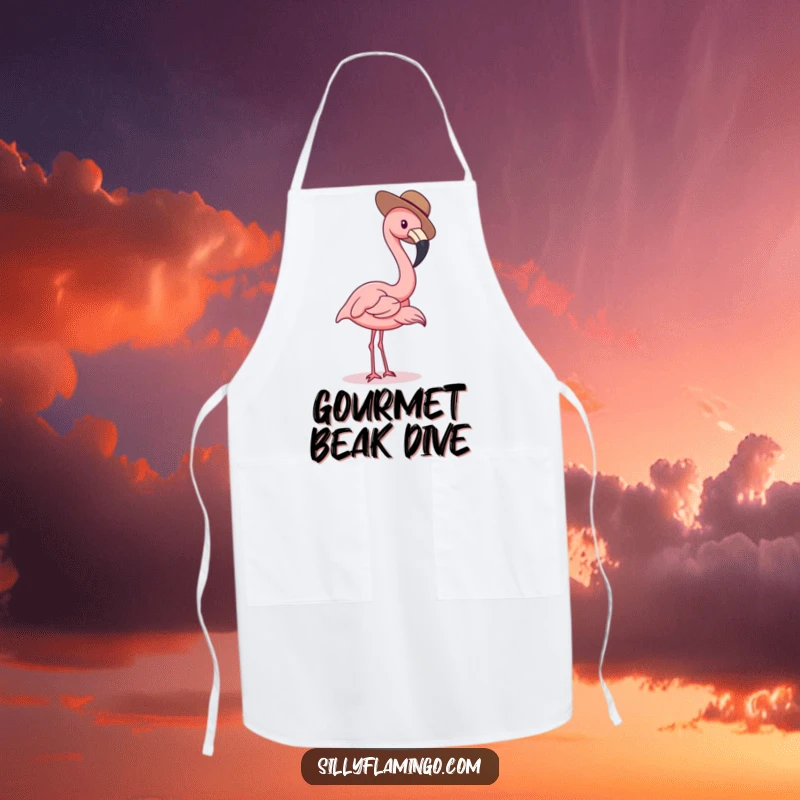 Funny flamingo apron showing a bird in a tiny hat, a humorous and practical kitchen accessory.