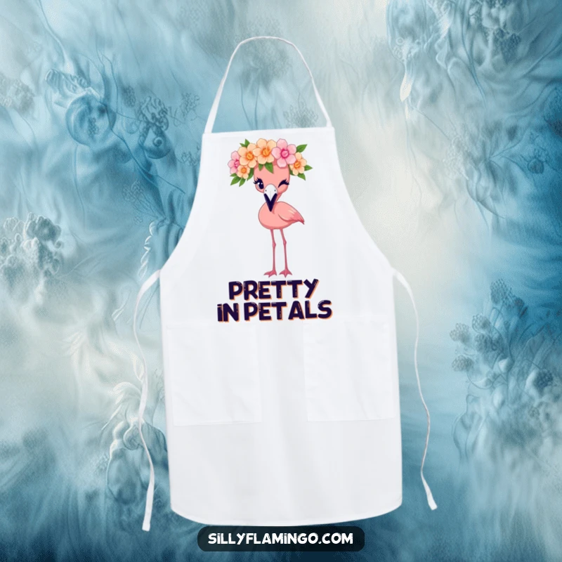 Funny flamingo apron featuring a bird wearing a flower crown and winking, perfect for adding flair to cooking.
