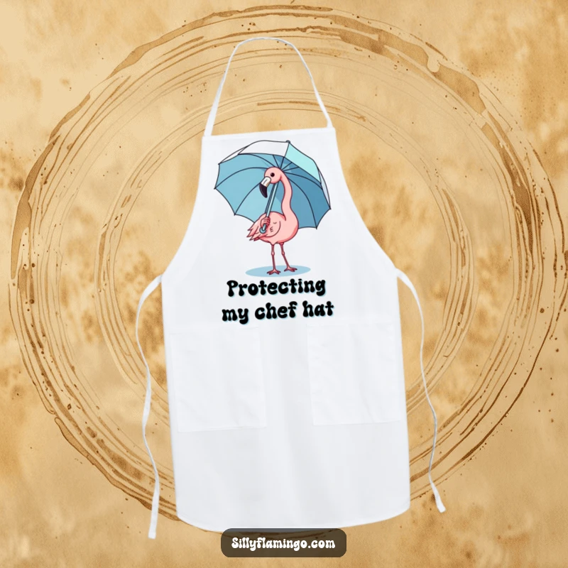 Funny kawaii flamingo apron showing a cute bird comically balancing an umbrella, perfect for kitchen fun.