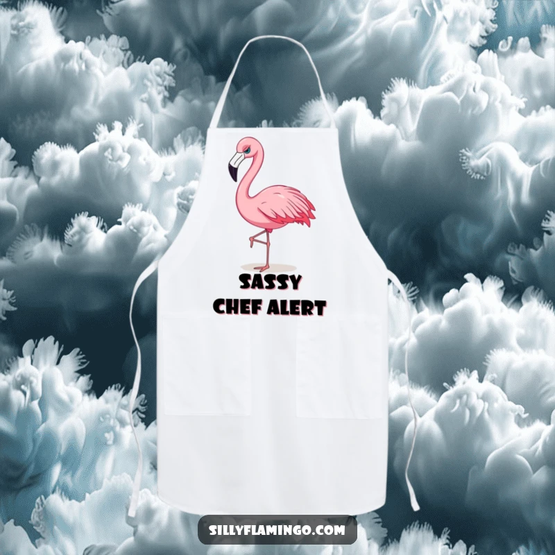 Funny flamingo apron featuring a sassy bird strutting with confidence, perfect for adding flair to cooking.