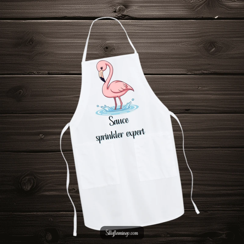 Funny pink flamingo apron, playfully splashing water, adding tropical fun to the kitchen, a humorous funny gift.