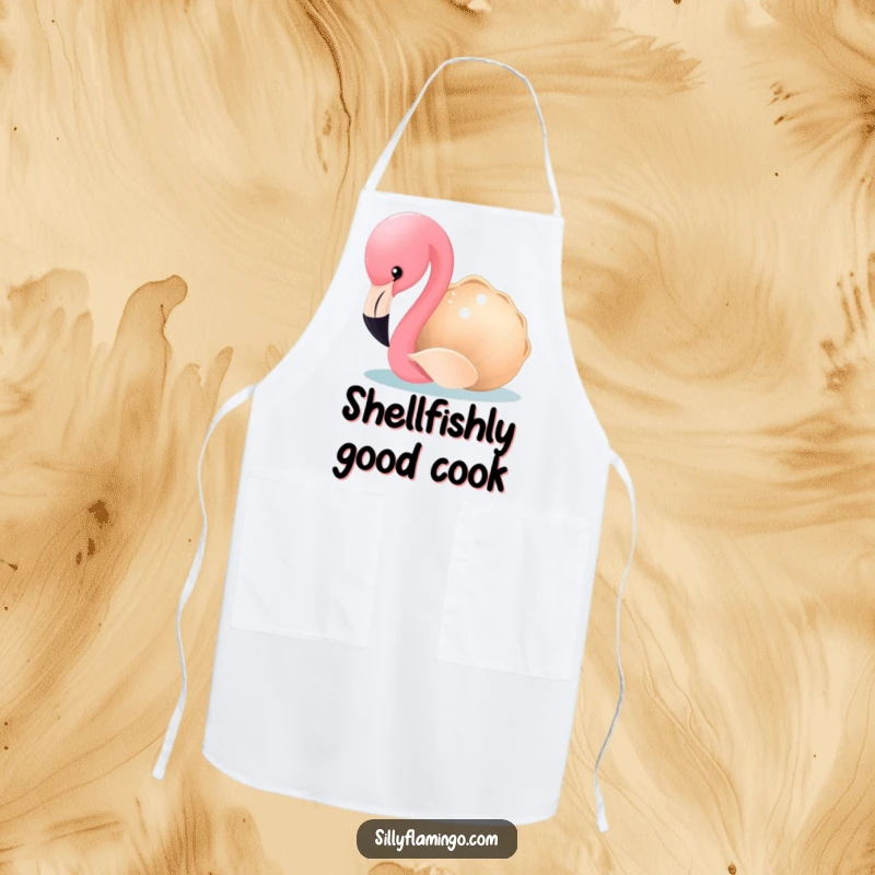 Funny Flamingo Apron: A curious flamingo inspects a shimmering seashell while wearing a chef's hat. Hilarious kitchen accessory for cooks.