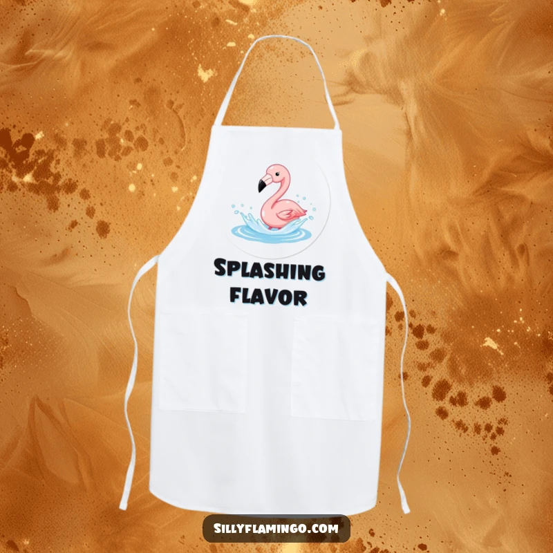 Funny Flamingo Splash Apron showing a flamingo joyfully splashing in sparkling water, perfect for a fun and protected cooking experience.