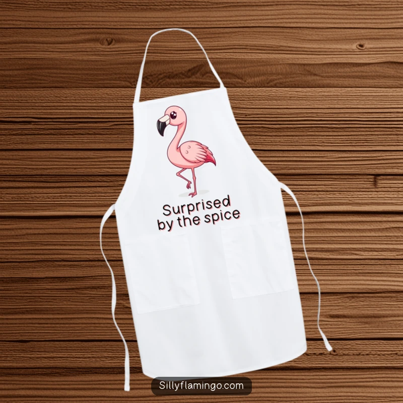 Funny Surprised Flamingo Apron: A flamingo with a shocked expression rapidly bobbing its head, designed for kitchen fun and expressive cooking moments.