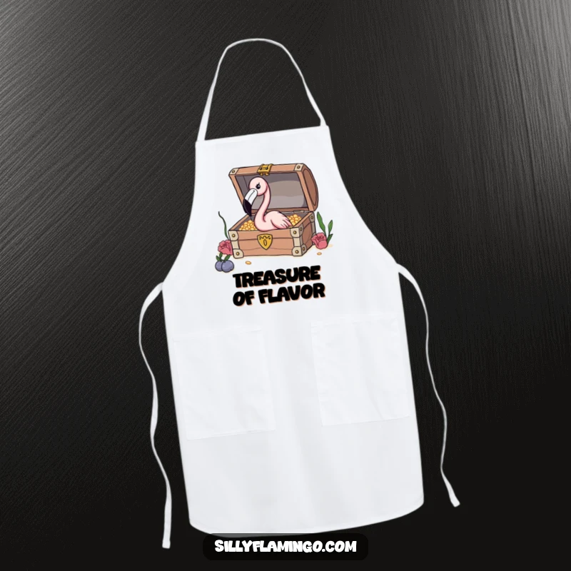 Funny Flamingo Treasure Apron featuring a curious flamingo peeking into a treasure chest, perfect for a fun and protected cooking experience.