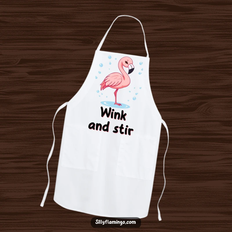 Funny flamingo with a cheerful wink, surrounded by sparkling water drops on a practical and humorous kitchen apron.