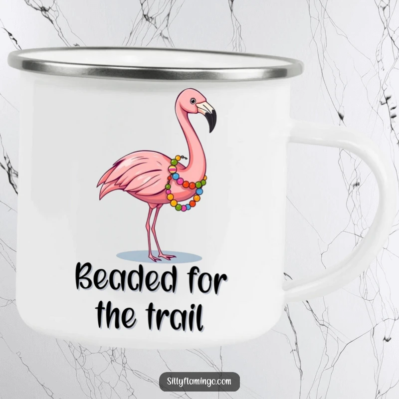 Funny camping mug with a flamingo wearing a colorful bead garland, designed for festive outdoor enjoyment.