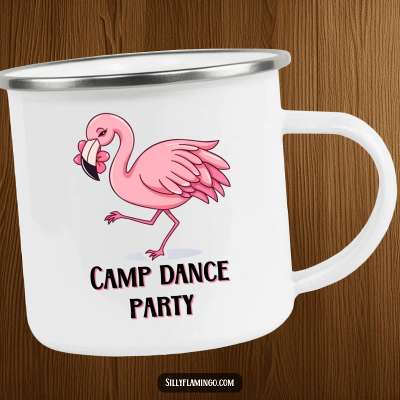 Funny Camping Mug featuring a flamingo with a flower behind its ear, dancing with a joyful shimmy for outdoor celebrations.