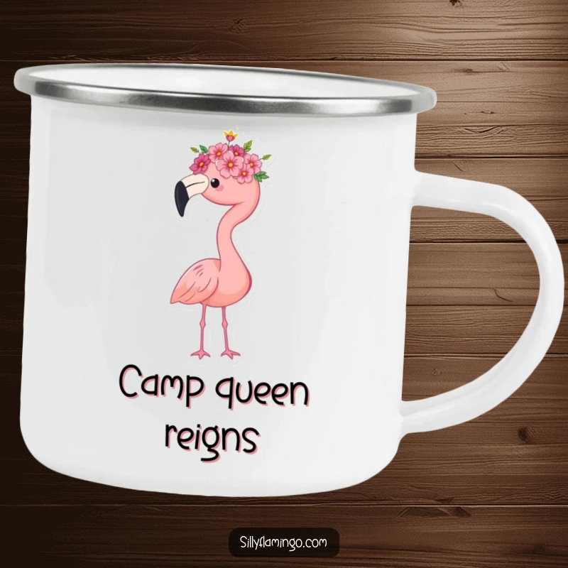 Funny flamingo camping mug, wearing a tiny flower crown, standing proudly, perfect for outdoor adventures and morning coffee, a durable and humorous gift.