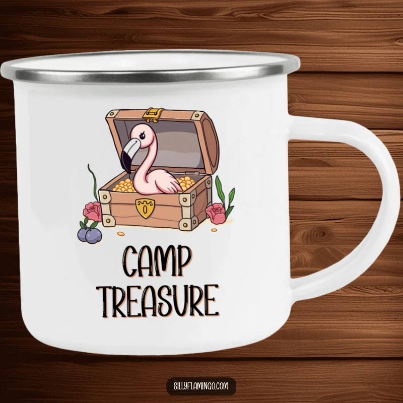 Funny Flamingo Treasure Camping Mug showing a curious flamingo peeking into a treasure chest, ideal for enjoying drinks outdoors.