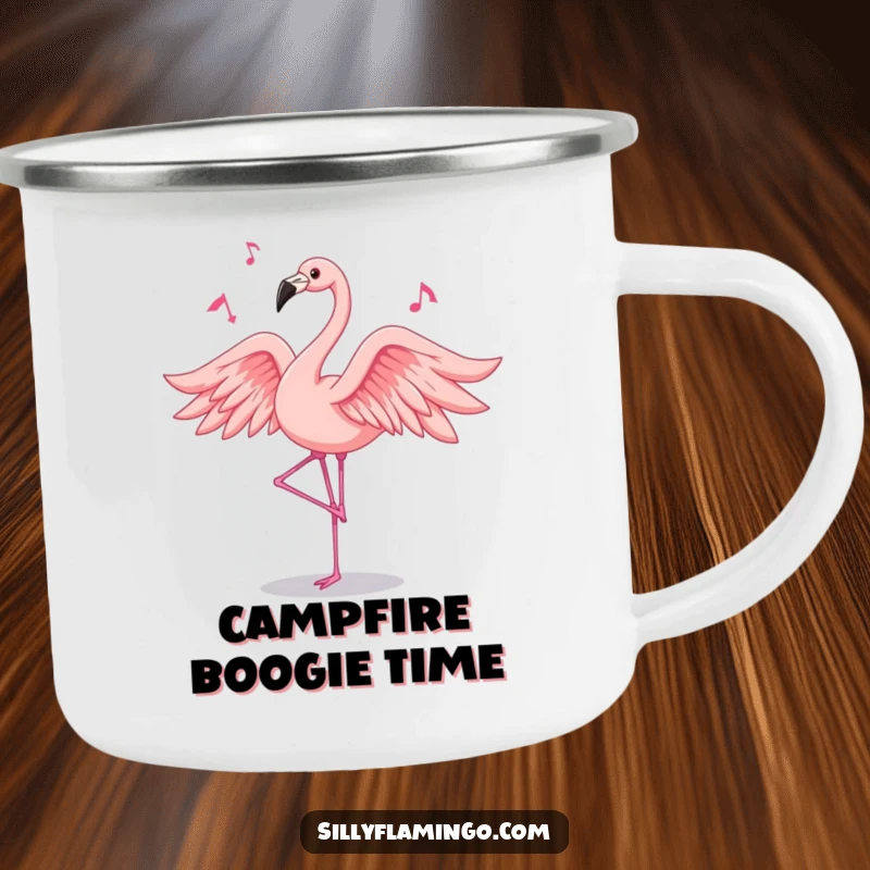 Funny flamingo camping mug showing a pink bird dancing with flowing feathers, a durable and humorous cup for outdoor enthusiasts.