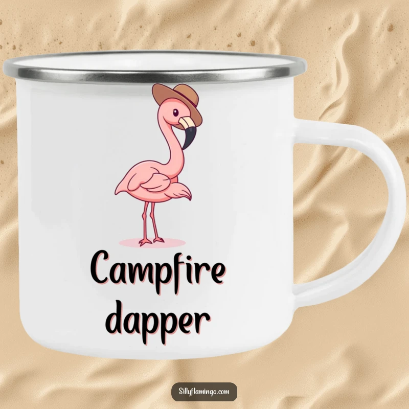 Funny flamingo camping mug showing a bird in a tiny hat, a humorous and sturdy companion for outdoor fun.