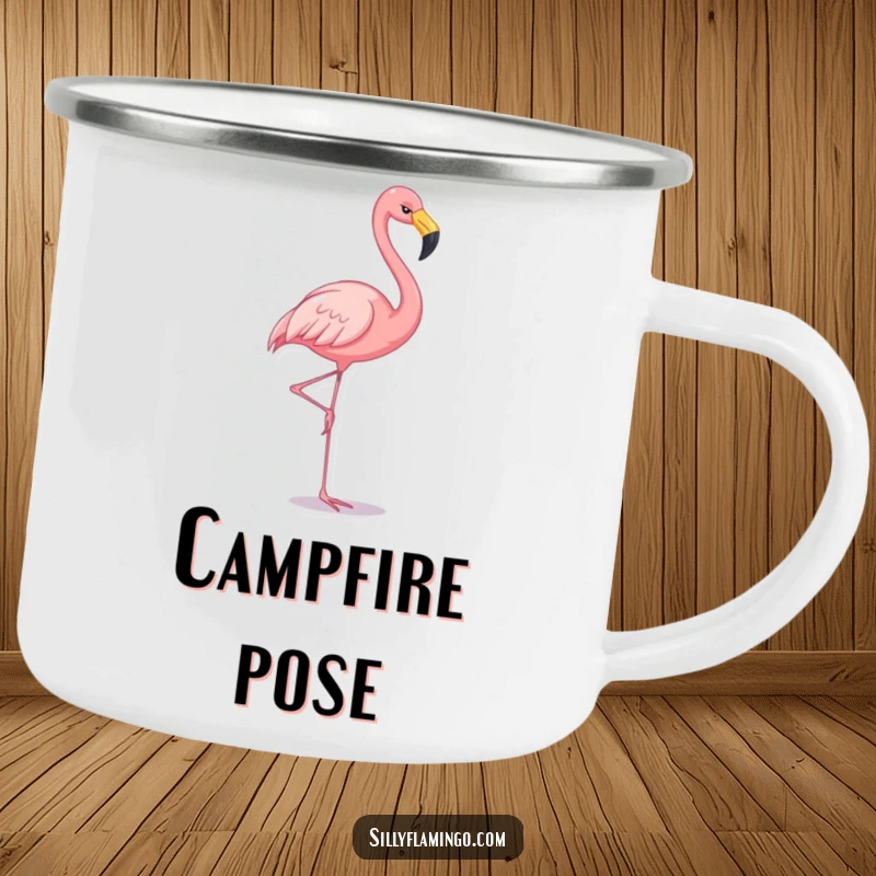 Funny flamingo camping mug showing a cheerful flamingo balancing on one leg, perfect for enjoying a drink outdoors.