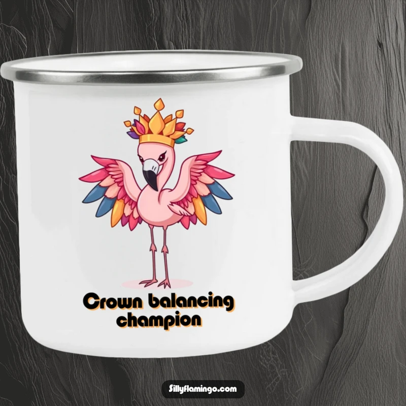 Funny Flamingo Camping Mug: Determined bird hilariously balances a big feather crown, embodying outdoor comedy.