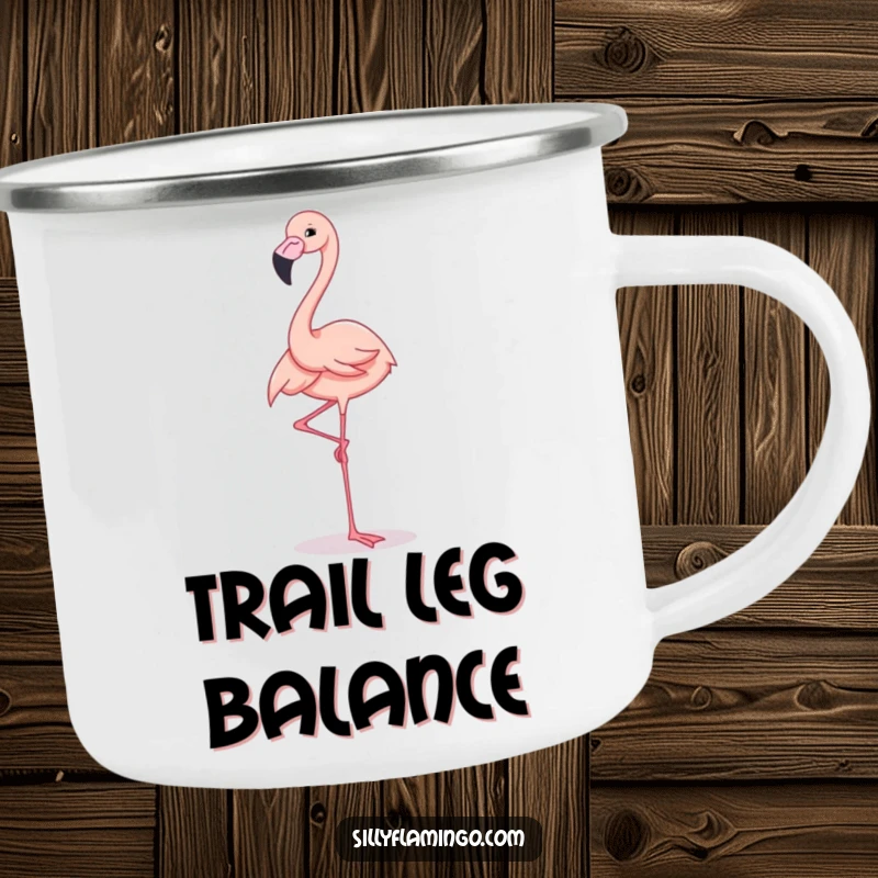 Funny Camping Mug featuring a flamingo elegantly balancing on one leg, radiating cheerfulness on your outdoor adventures.