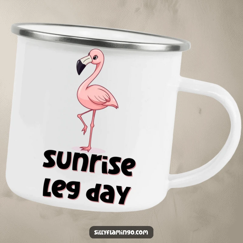 Funny camping mug featuring a happy flamingo character with a wide grin, elegantly balancing on one leg, perfect for outdoor enthusiasts.