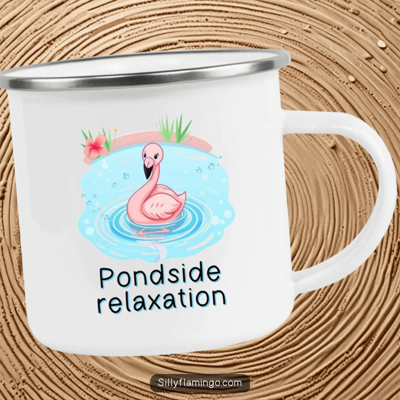 Funny flamingo camping mug showing a pink bird happily splashing in a sparkling blue pond, perfect for outdoor enjoyment.