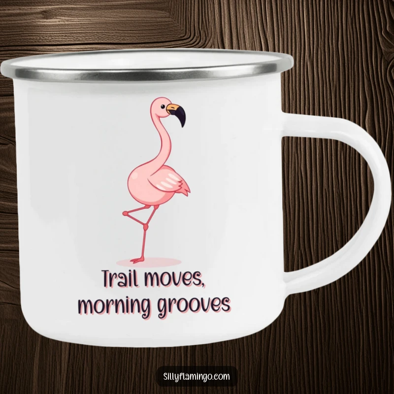 Funny flamingo camping mug with a joyful squawking flamingo energetically kicking its legs in a hilarious dance around a campfire.