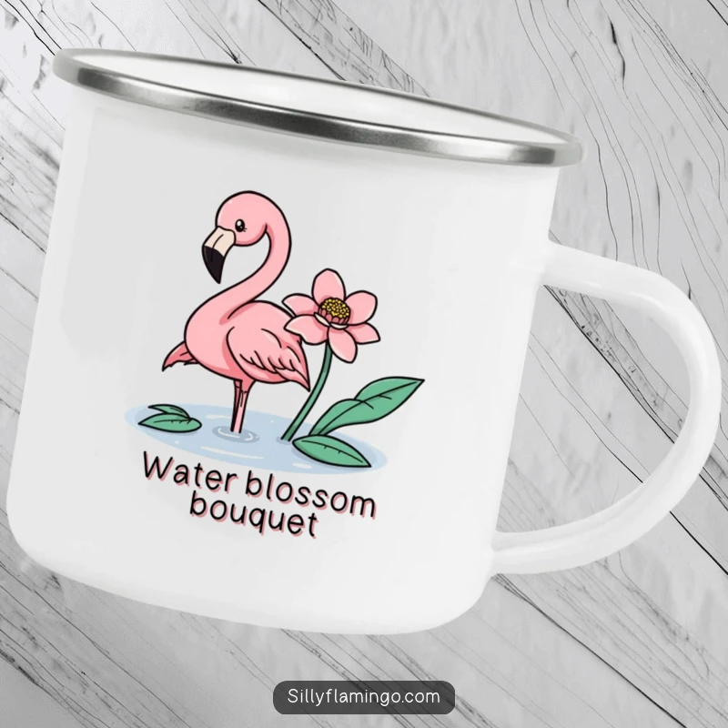 Funny flamingo gently nudging a floating flower with its beak on a durable camping mug.