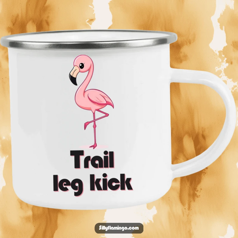 Funny Flamingo Kick Camping Mug showcasing a flamingo's energetic leg kick, ideal for enjoying beverages during outdoor adventures.