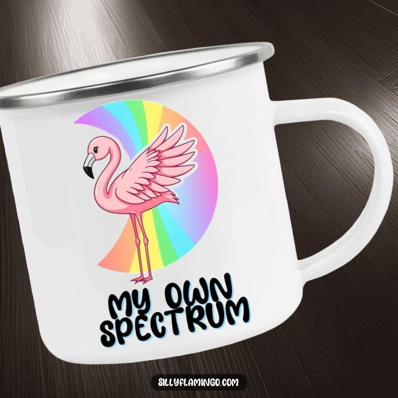 Funny flamingo rainbow camping mug showing a pink bird creating a rainbow with its wing, perfect for outdoor drinks with a humorous and artistic vibe.