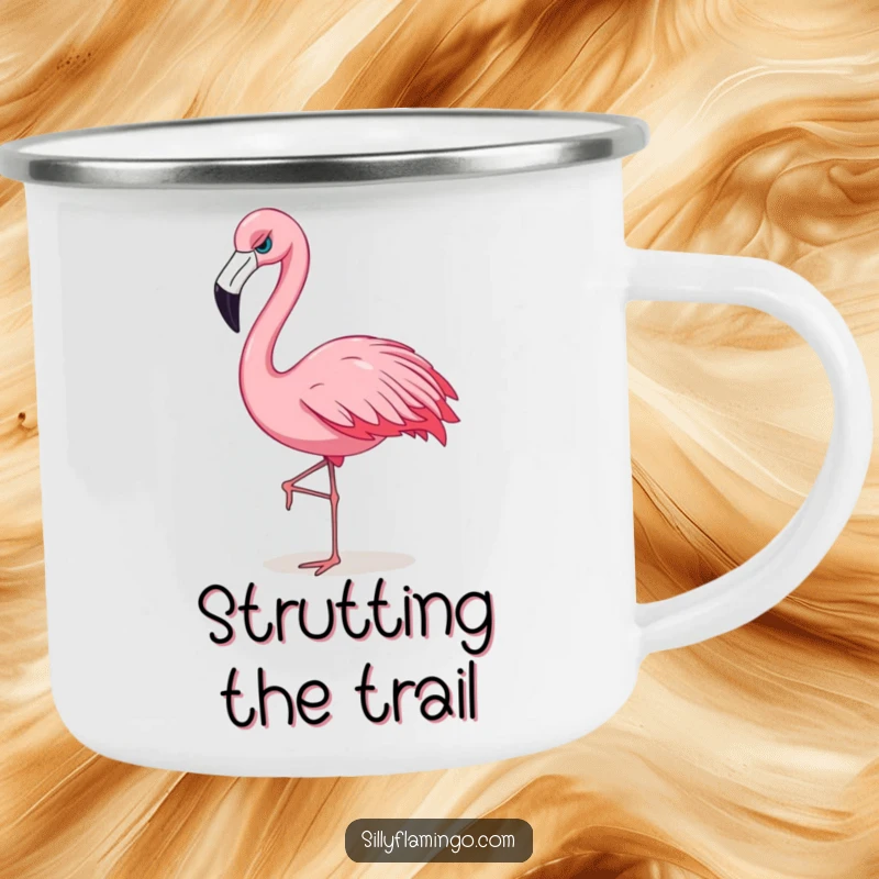 Funny flamingo camping mug featuring a sassy bird strutting with confidence, perfect for drinks on the go.