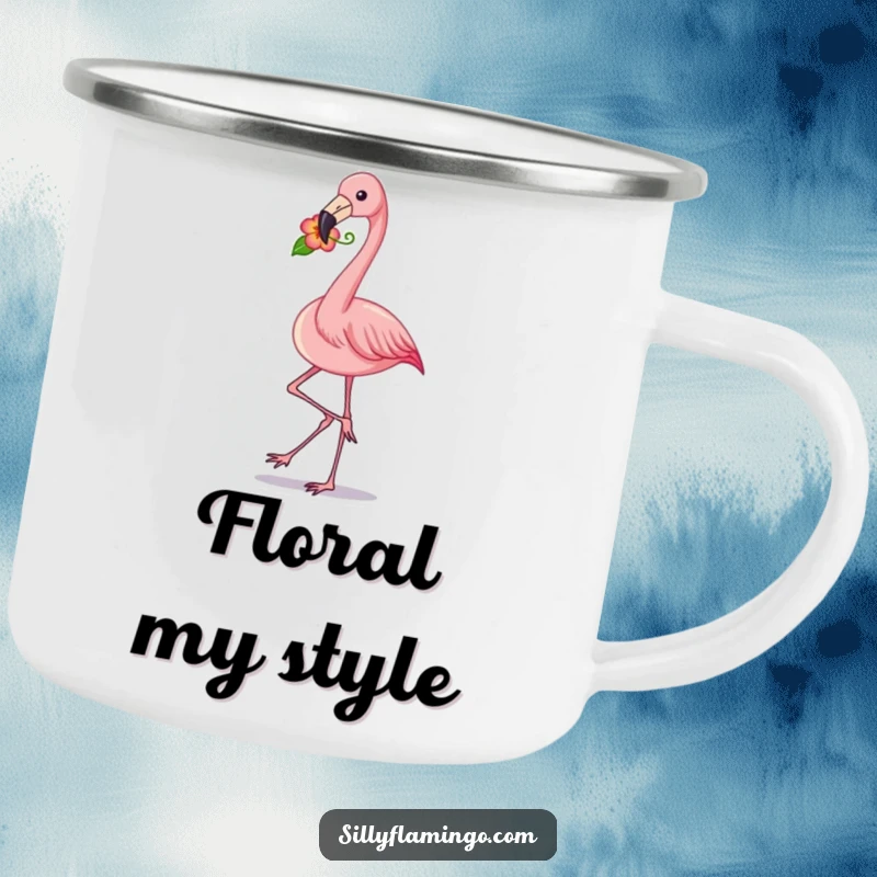 Funny flamingo strut camping mug showing a pink bird with a flower in its beak, perfect for outdoor drinks with a humorous and stylish vibe.