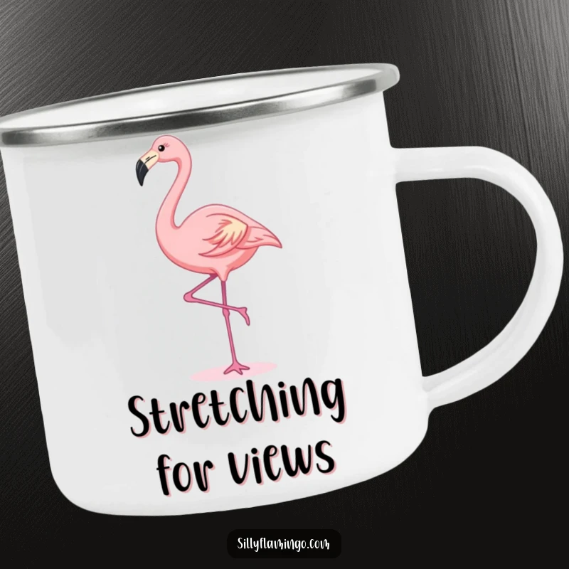 Funny kawaii flamingo performing a graceful stretch, featured on a durable and humorous camping mug
