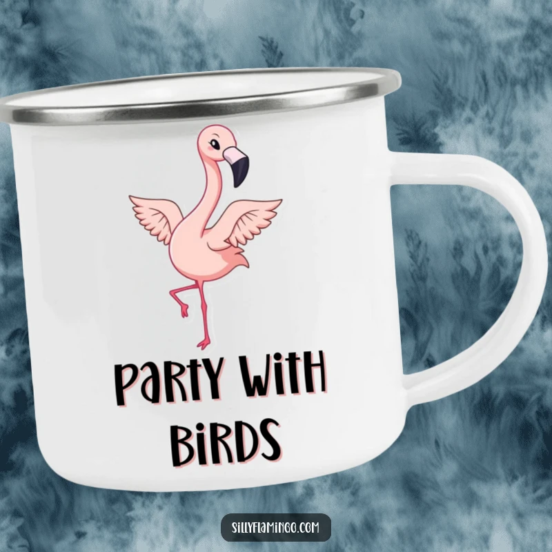 Funny camping mug with a kawaii flamingo winking and flapping its wings energetically, ready for outdoor adventures and tropical chuckles.