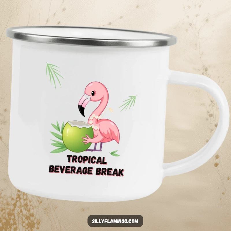 Funny enamel camping mug with a flamingo in pearls sipping from a coconut, perfect for chic outdoor enjoyment.